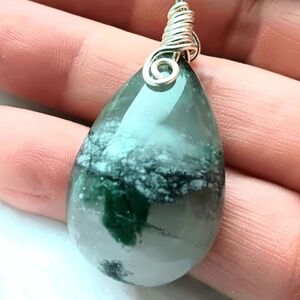 Natural African Green Jade Teardrop Wire-wrapped Bail Pendant Necklace